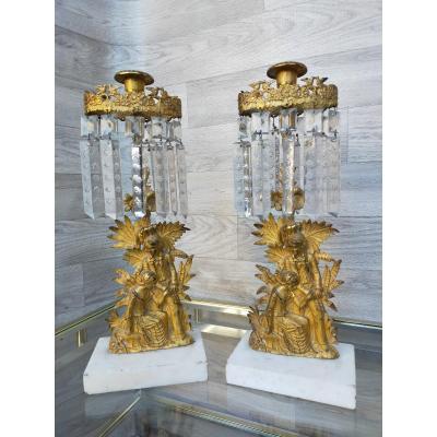 Pair Of Candlesticks In Gilt Bronze And Baccarat Crystal (chandeliers Candlesticks)