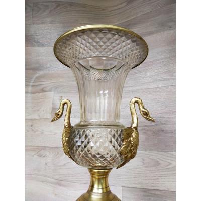 Large Charles X Bronze And Crystal Vase Decor Of Swan Heads
