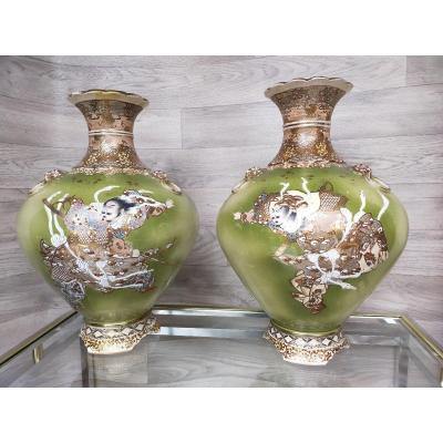 Large Pair Of Asian Satsuma Japan Vases