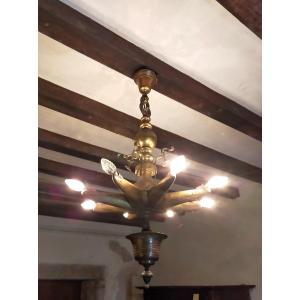 Large Judaic Bronze Chandelier Shabbat Judenstern