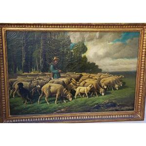 Charles Ferdinand Ceramano The Shepherd And His Barbizon Sheep