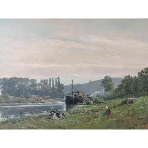 Louis Guy (1824-1888) ''shepherdess By The Seine River''