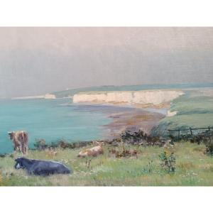 Louis Le Poittevin (1847-1909) ''cows In The Meadow On The Cliffs Of The Normandy Coast''