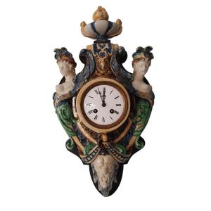 19th-century Polychrome Earthenware Wall Clock (carte-de-colonne Type) By Thomas-victor Sergent