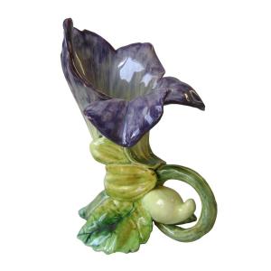 Majolica - Viola Flower Form Vase With Stem Base Signed Jerome Massier