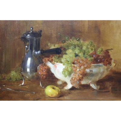 Ernest Bordes (1852 -1914) 'still-life With Jug And Cup Of Grapes' Oil On Canvas