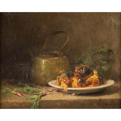René Louis Chretien (1867-1945) ''still Life With Copper Kettle And Chestnuts''