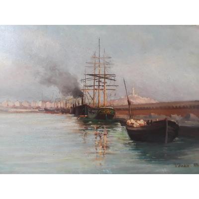 ''new Harbor Moles, Marseille'' Oil On Cardboard Signed Veran Dated 1887