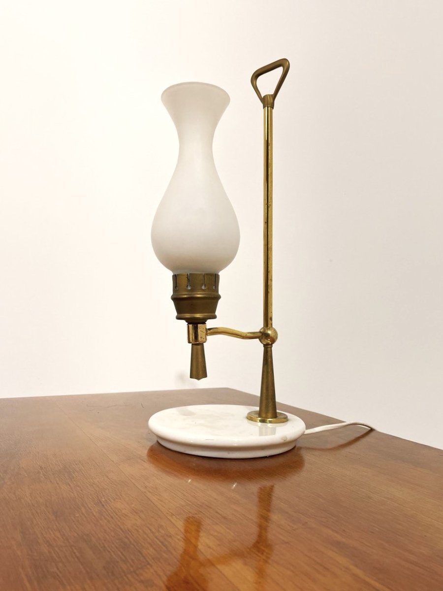 LAMPADA DA APPOGGIO IN OTTONE, MARMO E VETRO SATINATO, ARREDOLUCE  (attr.) ANNI '50-photo-2