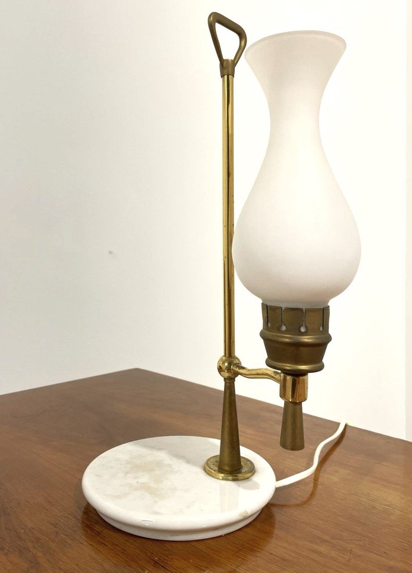 LAMPADA DA APPOGGIO IN OTTONE, MARMO E VETRO SATINATO, ARREDOLUCE  (attr.) ANNI '50-photo-3
