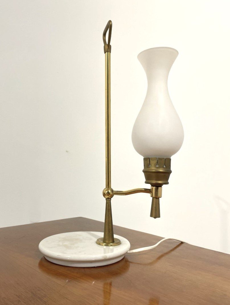 LAMPADA DA APPOGGIO IN OTTONE, MARMO E VETRO SATINATO, ARREDOLUCE  (attr.) ANNI '50-photo-4