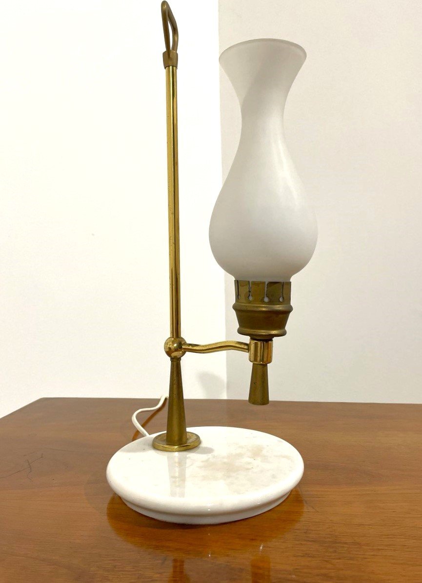 LAMPADA DA APPOGGIO IN OTTONE, MARMO E VETRO SATINATO, ARREDOLUCE  (attr.) ANNI '50-photo-5