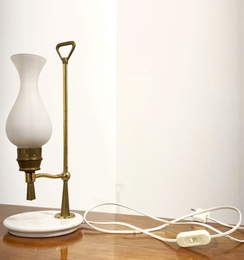 LAMPADA DA APPOGGIO IN OTTONE, MARMO E VETRO SATINATO, ARREDOLUCE  (attr.) ANNI '50-photo-6