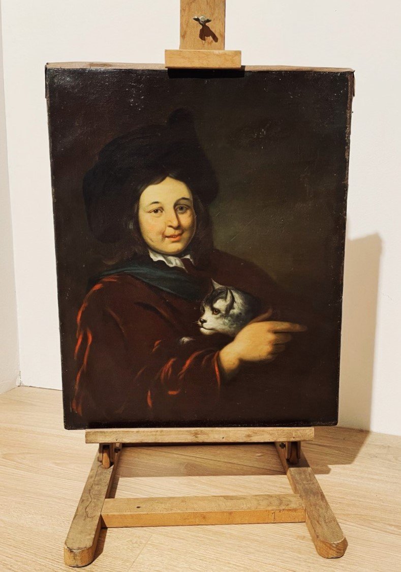 OLIO SU TELA, RAGAZZO CON GATTO XVIII-XIX sec.-photo-2