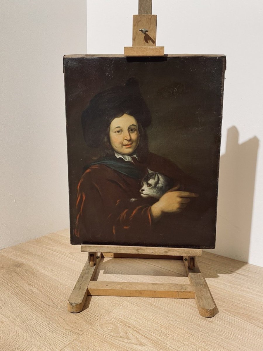 OLIO SU TELA, RAGAZZO CON GATTO XVIII-XIX sec.-photo-3