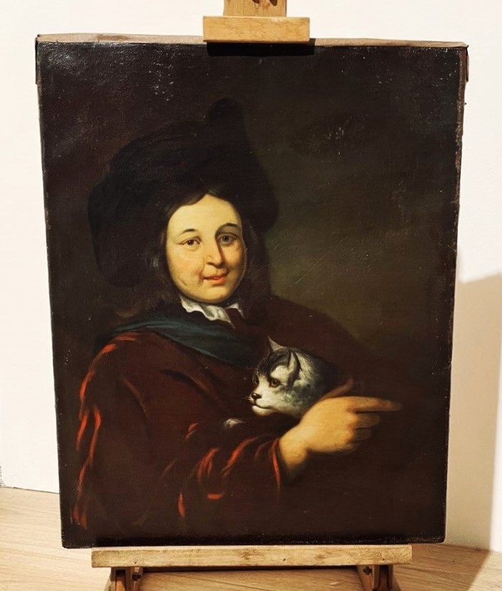 OLIO SU TELA, RAGAZZO CON GATTO XVIII-XIX sec.