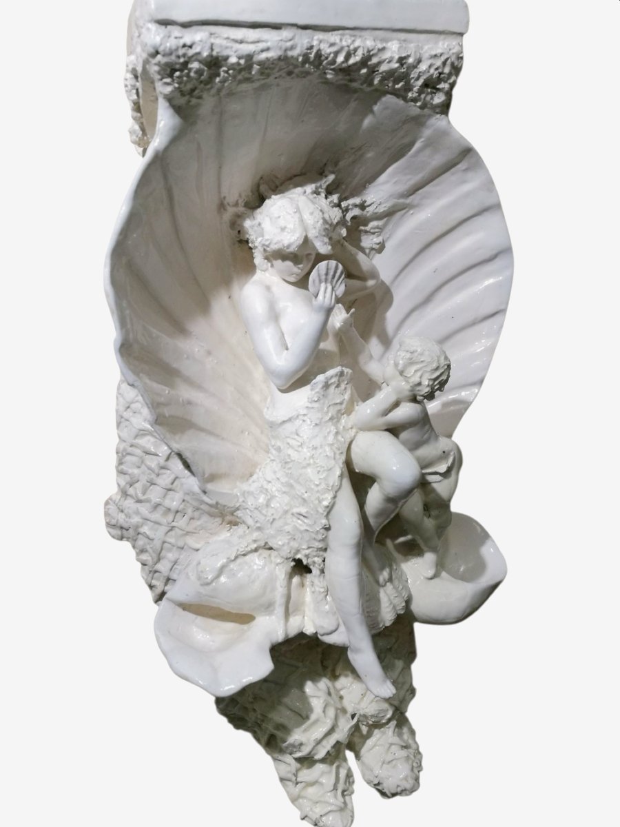 SCULTURA IN CERAMICA BIANCA DEL XIX sec., VENERE ALLO SPECCHIO CON AMORINO-photo-3