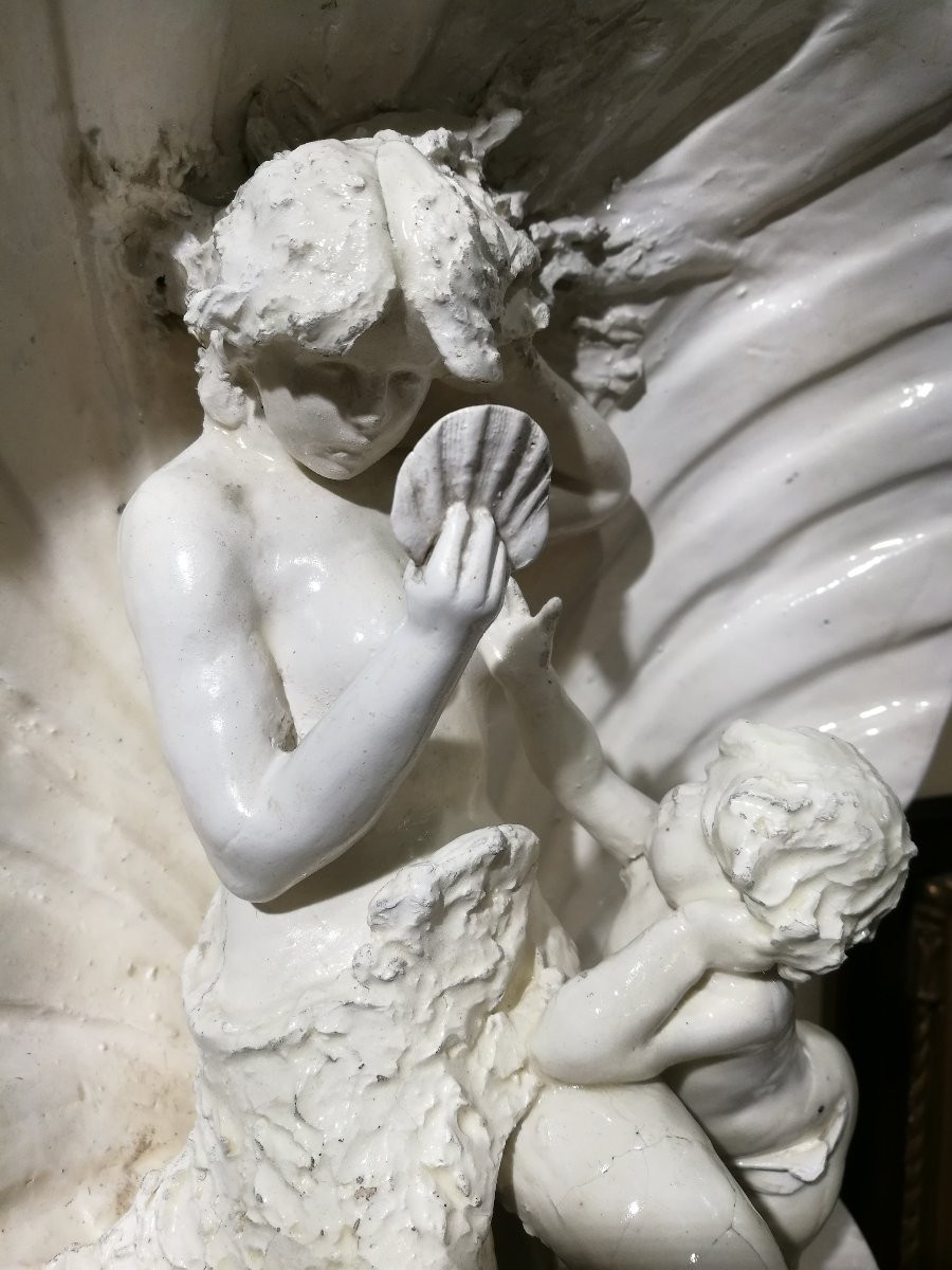 SCULTURA IN CERAMICA BIANCA DEL XIX sec., VENERE ALLO SPECCHIO CON AMORINO-photo-2