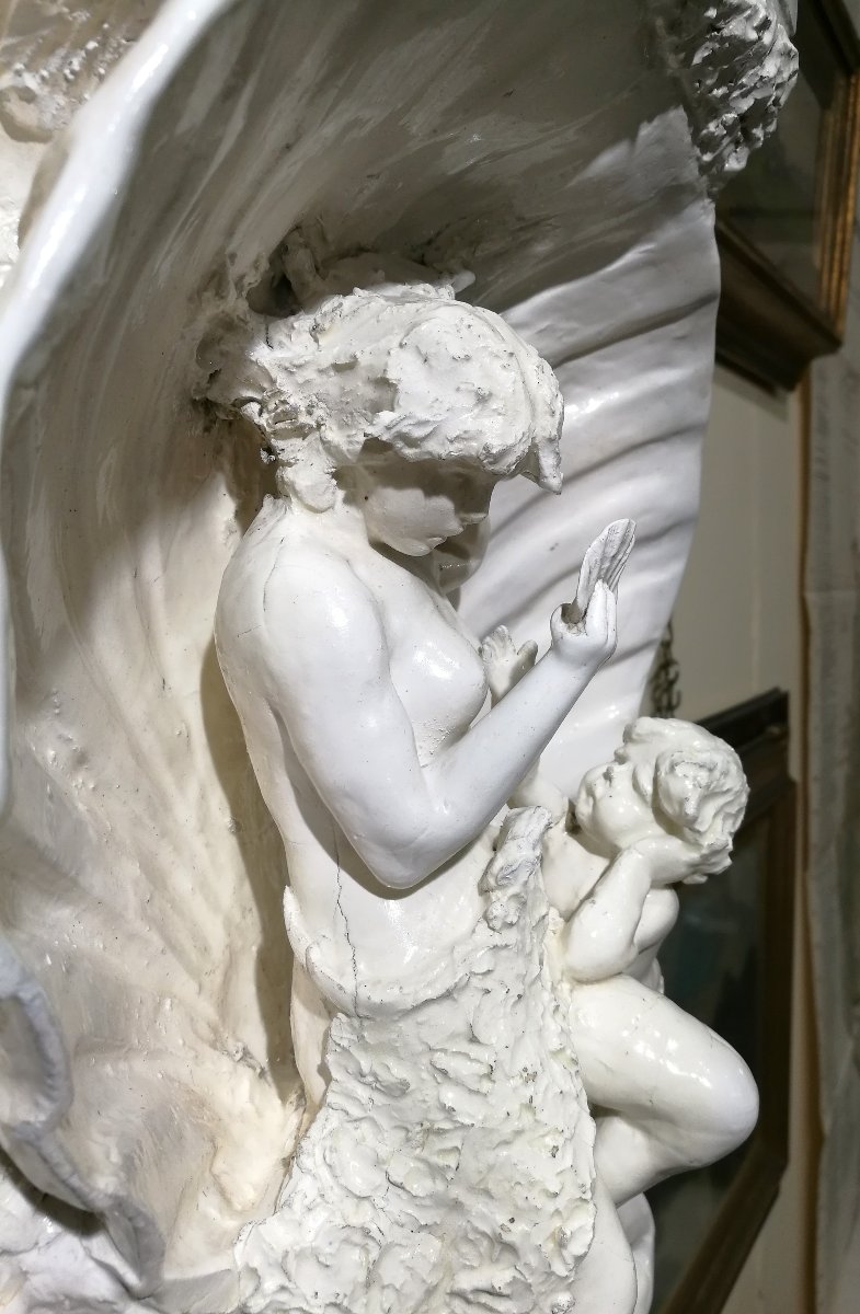 SCULTURA IN CERAMICA BIANCA DEL XIX sec., VENERE ALLO SPECCHIO CON AMORINO-photo-3