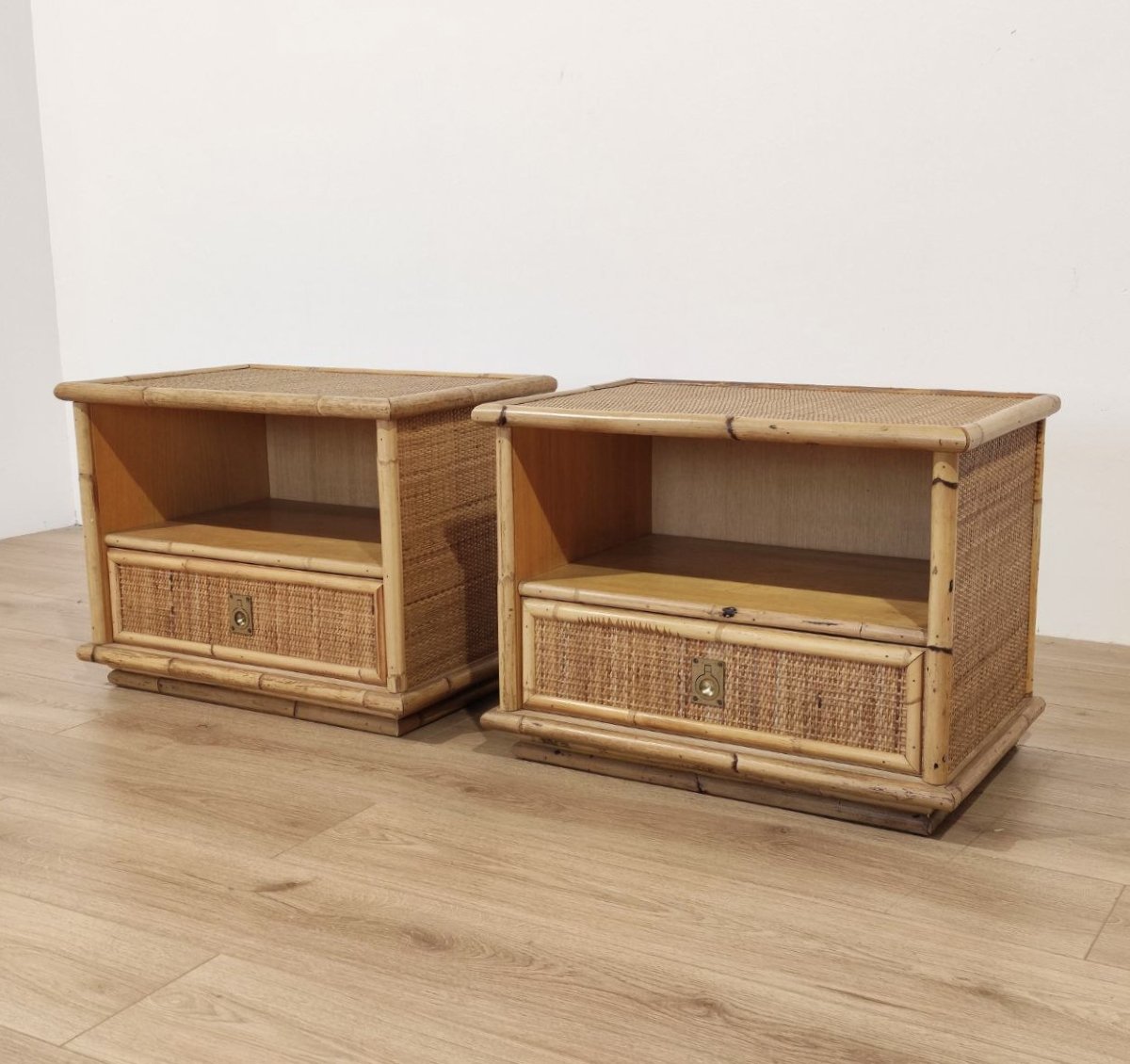 'DAL VERA' ITALIA COPPIA COMODINI IN BAMBU'  E RATTAN, ANNI '50 -photo-3