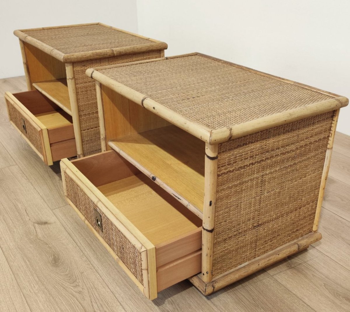 'DAL VERA' ITALIA COPPIA COMODINI IN BAMBU'  E RATTAN, ANNI '50 -photo-2