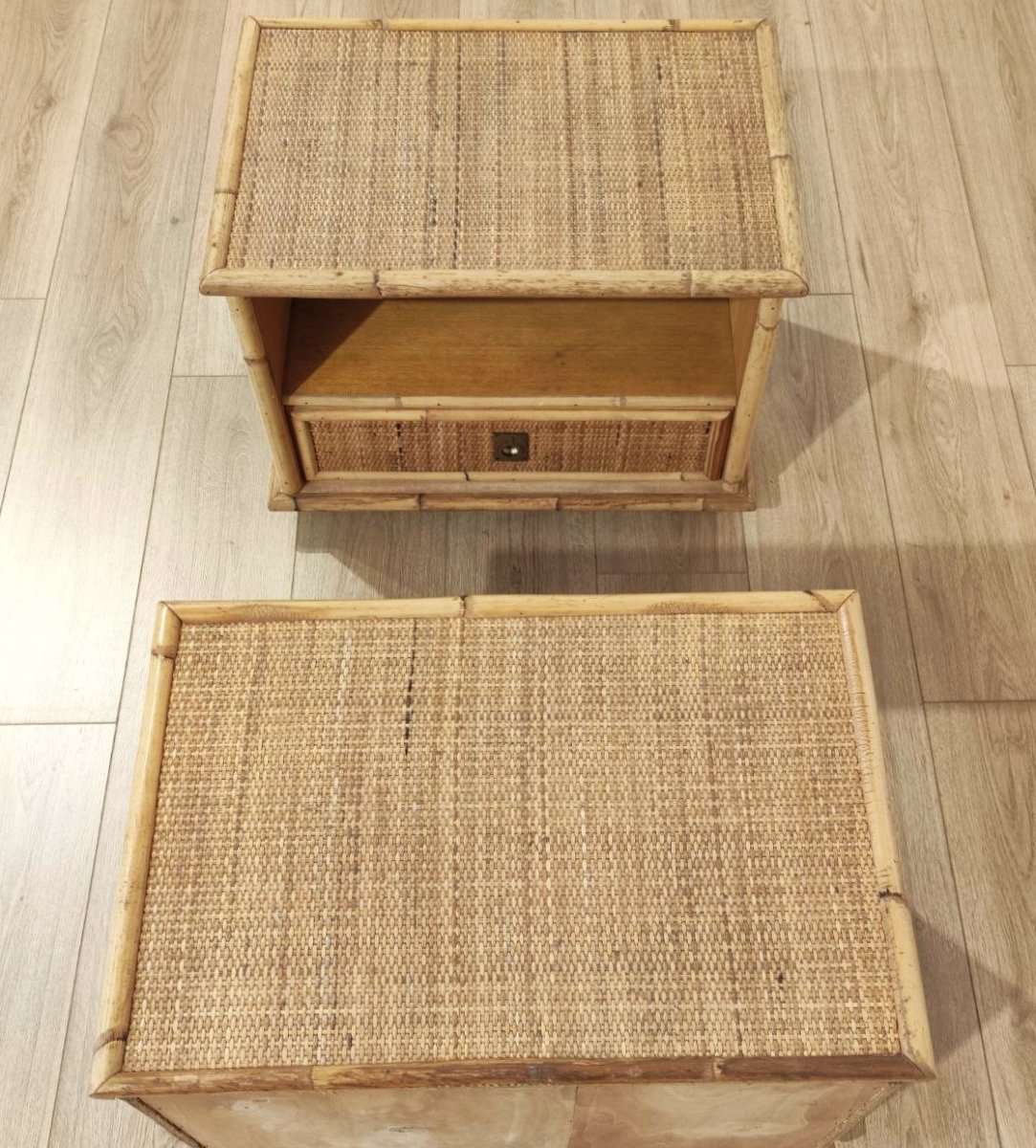 'DAL VERA' ITALIA COPPIA COMODINI IN BAMBU'  E RATTAN, ANNI '50 -photo-3
