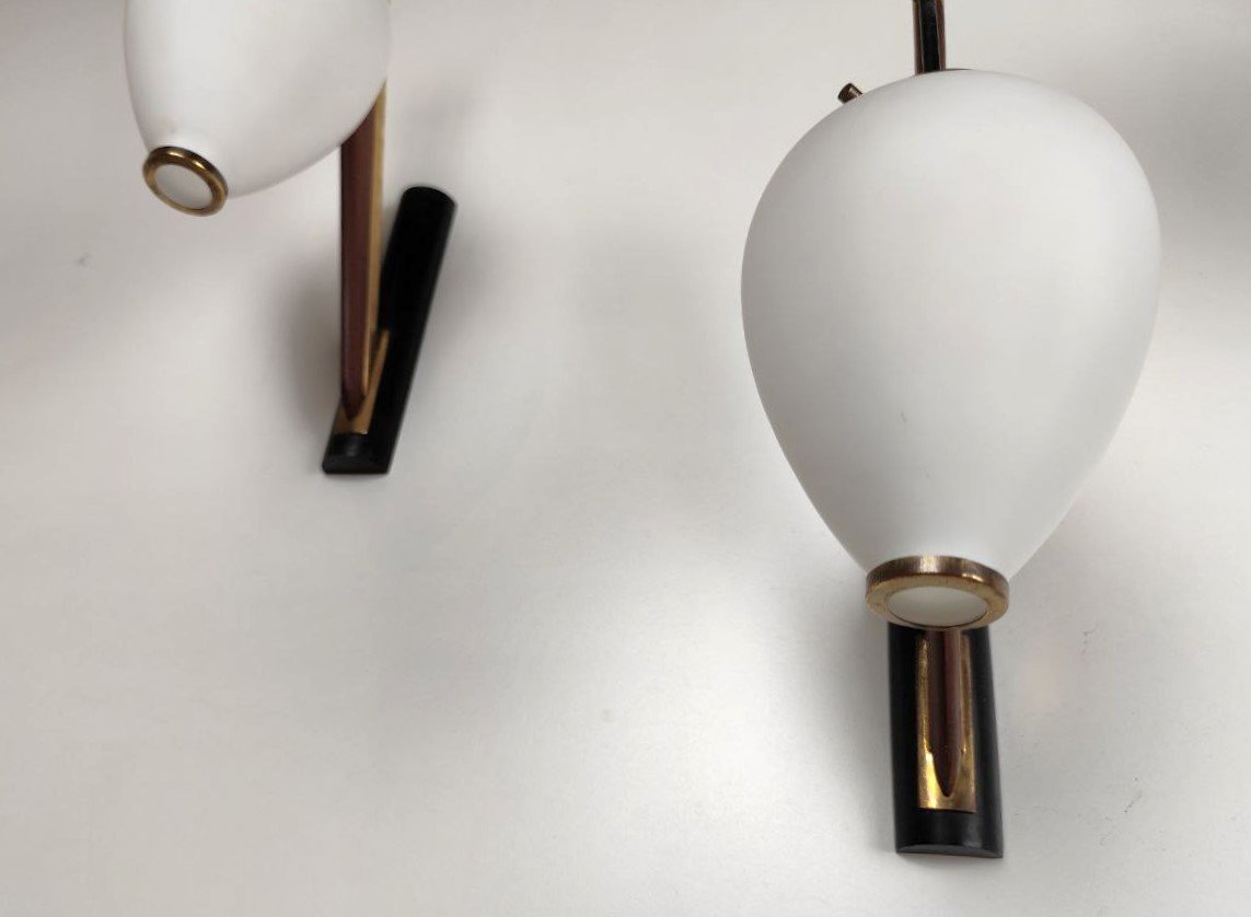 SET DI 3 APPLIQUES IN OTTONE, LEGNO E VETRO, STILNOVO ANNI '50-photo-4