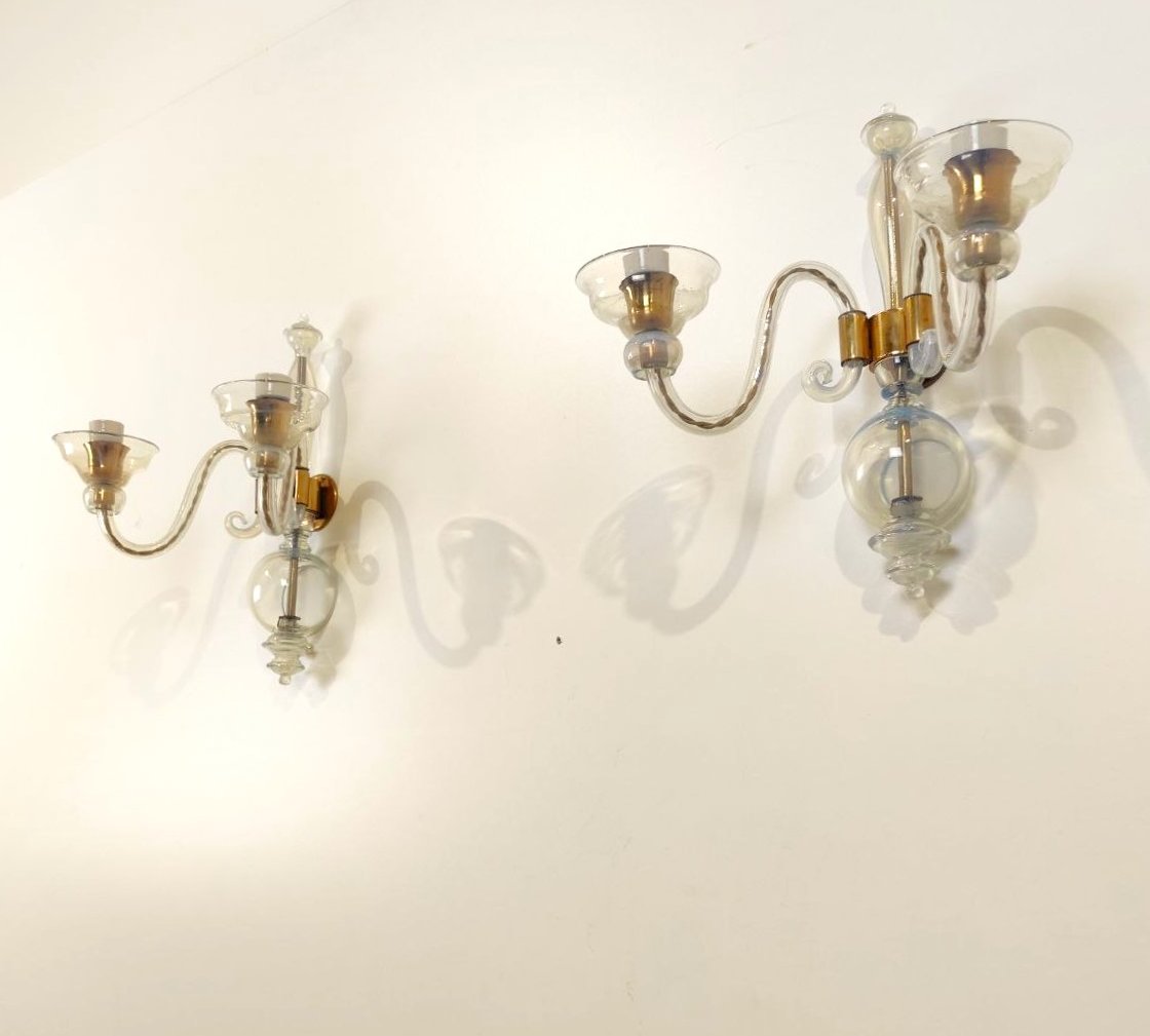 COPPIA APPLIQUES SEGUSO (ATTR.) IN VETRO OPALINO, ANNI '50-photo-2