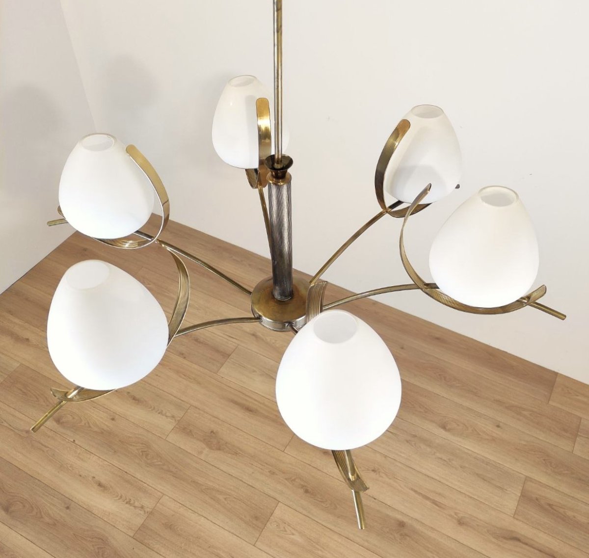 LAMPADARIO 6 LUCI VETRO SATINATO E OTTONE, ITALIA ANNI '50-photo-3