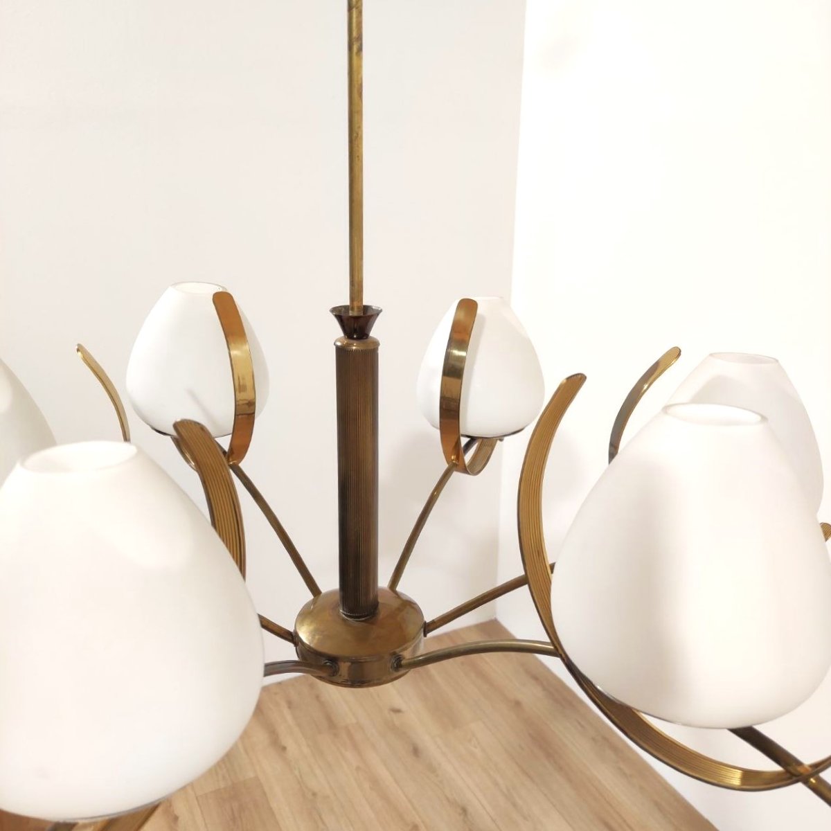 LAMPADARIO 6 LUCI VETRO SATINATO E OTTONE, ITALIA ANNI '50-photo-4