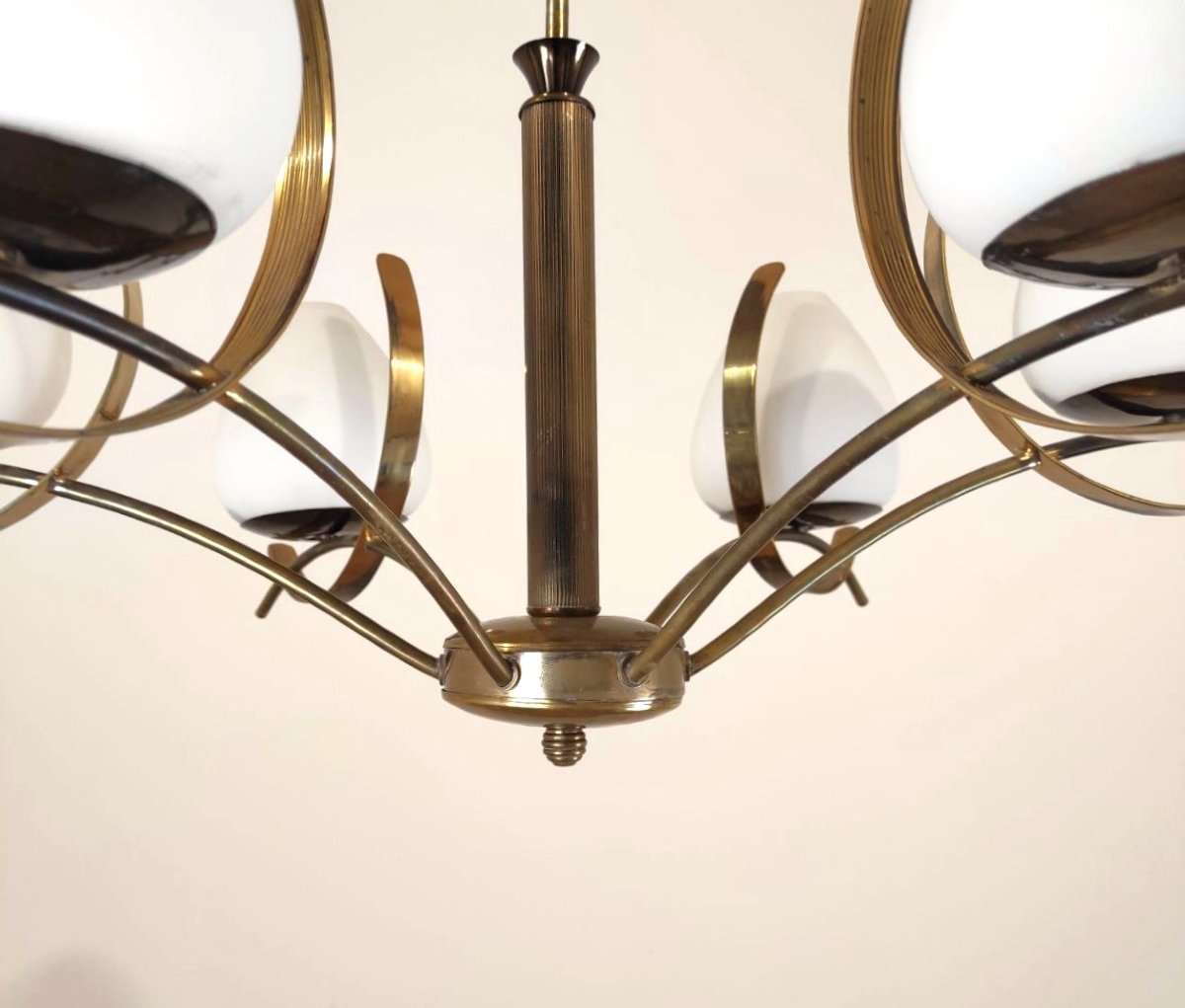 LAMPADARIO 6 LUCI VETRO SATINATO E OTTONE, ITALIA ANNI '50-photo-2