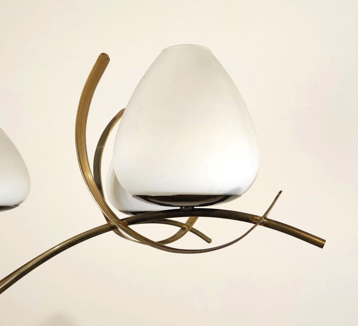 LAMPADARIO 6 LUCI VETRO SATINATO E OTTONE, ITALIA ANNI '50-photo-3