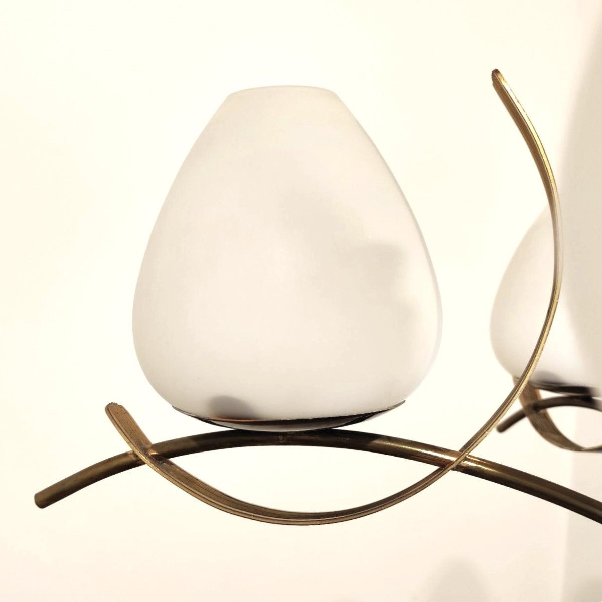 LAMPADARIO 6 LUCI VETRO SATINATO E OTTONE, ITALIA ANNI '50-photo-4