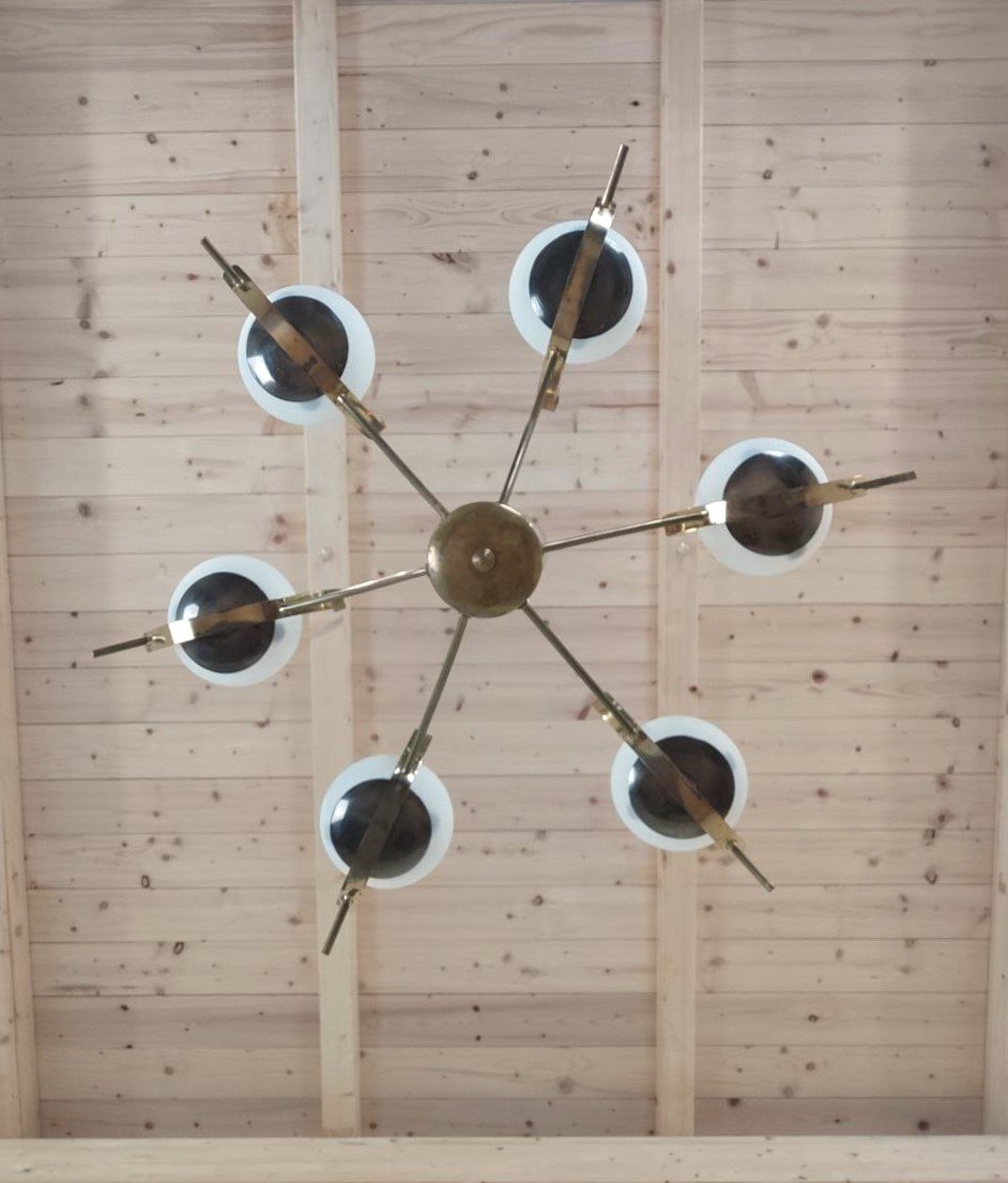 LAMPADARIO 6 LUCI VETRO SATINATO E OTTONE, ITALIA ANNI '50-photo-5