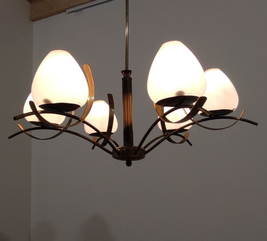 LAMPADARIO 6 LUCI VETRO SATINATO E OTTONE, ITALIA ANNI '50-photo-7