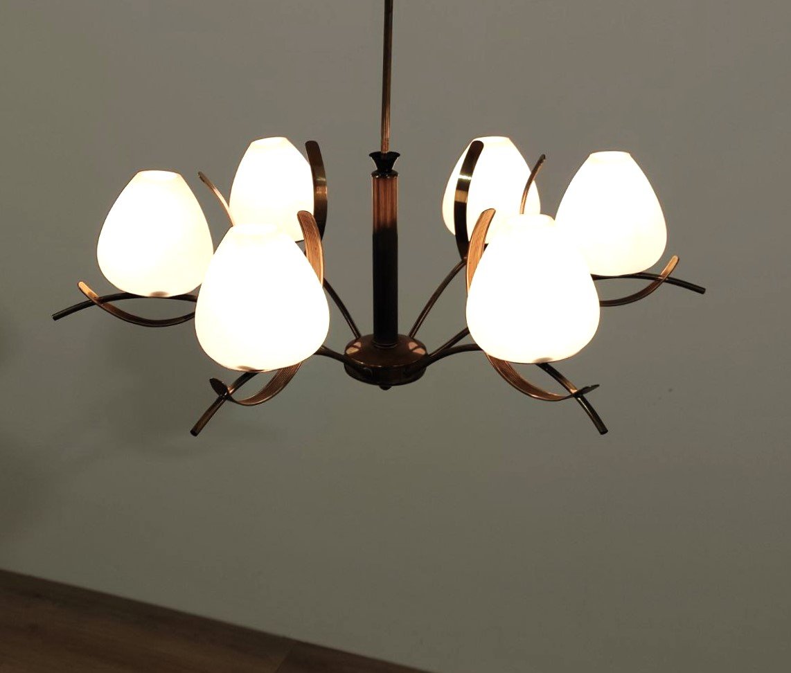LAMPADARIO 6 LUCI VETRO SATINATO E OTTONE, ITALIA ANNI '50-photo-8