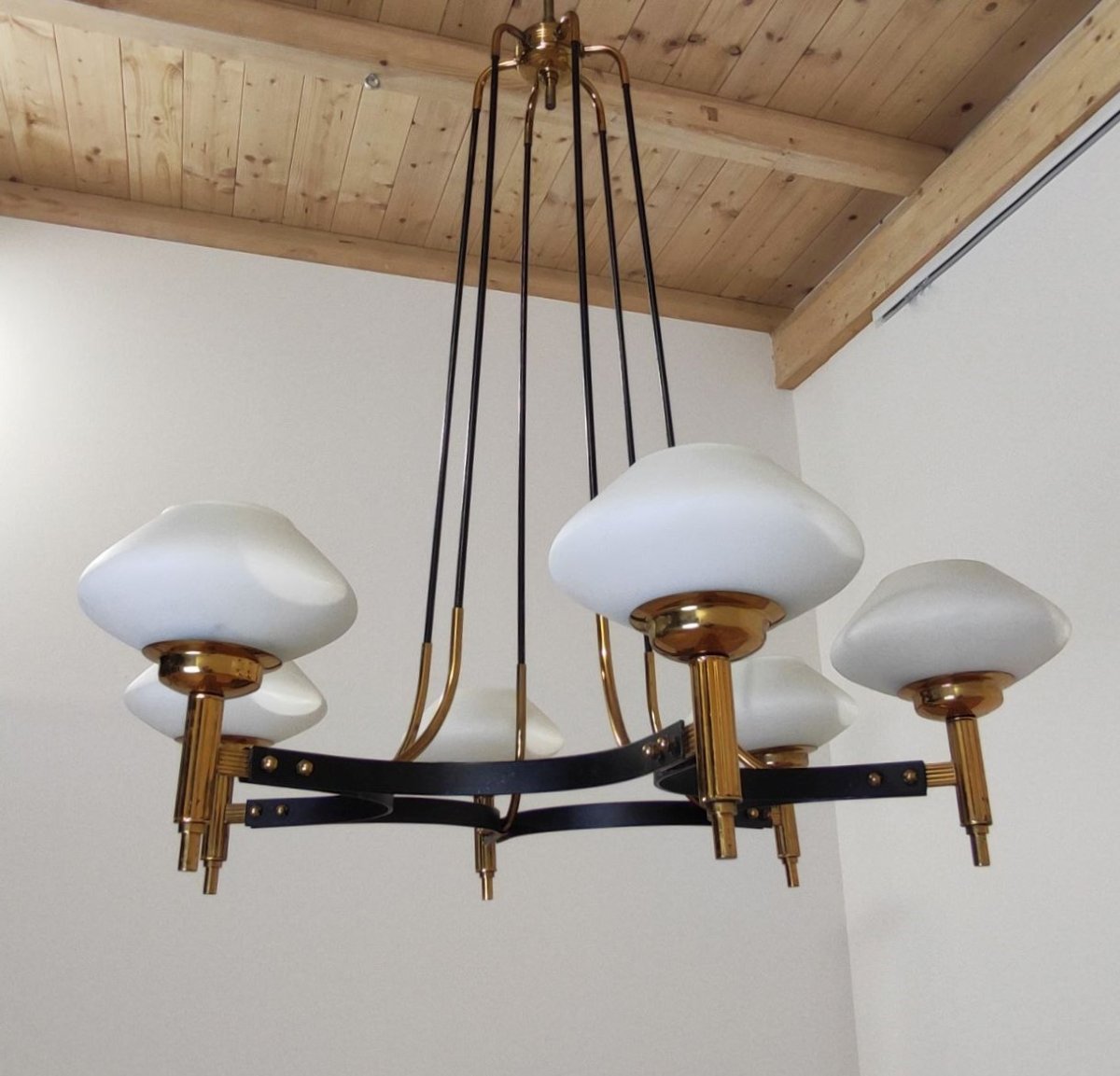 Lampada a sospensione 6 luci, 'Stilnovo' (attr.) anni '50-photo-3