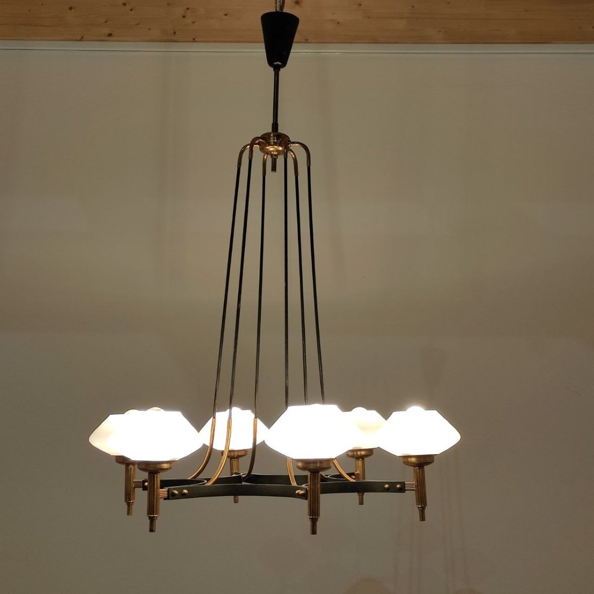 Lampada a sospensione 6 luci, 'Stilnovo' (attr.) anni '50-photo-6