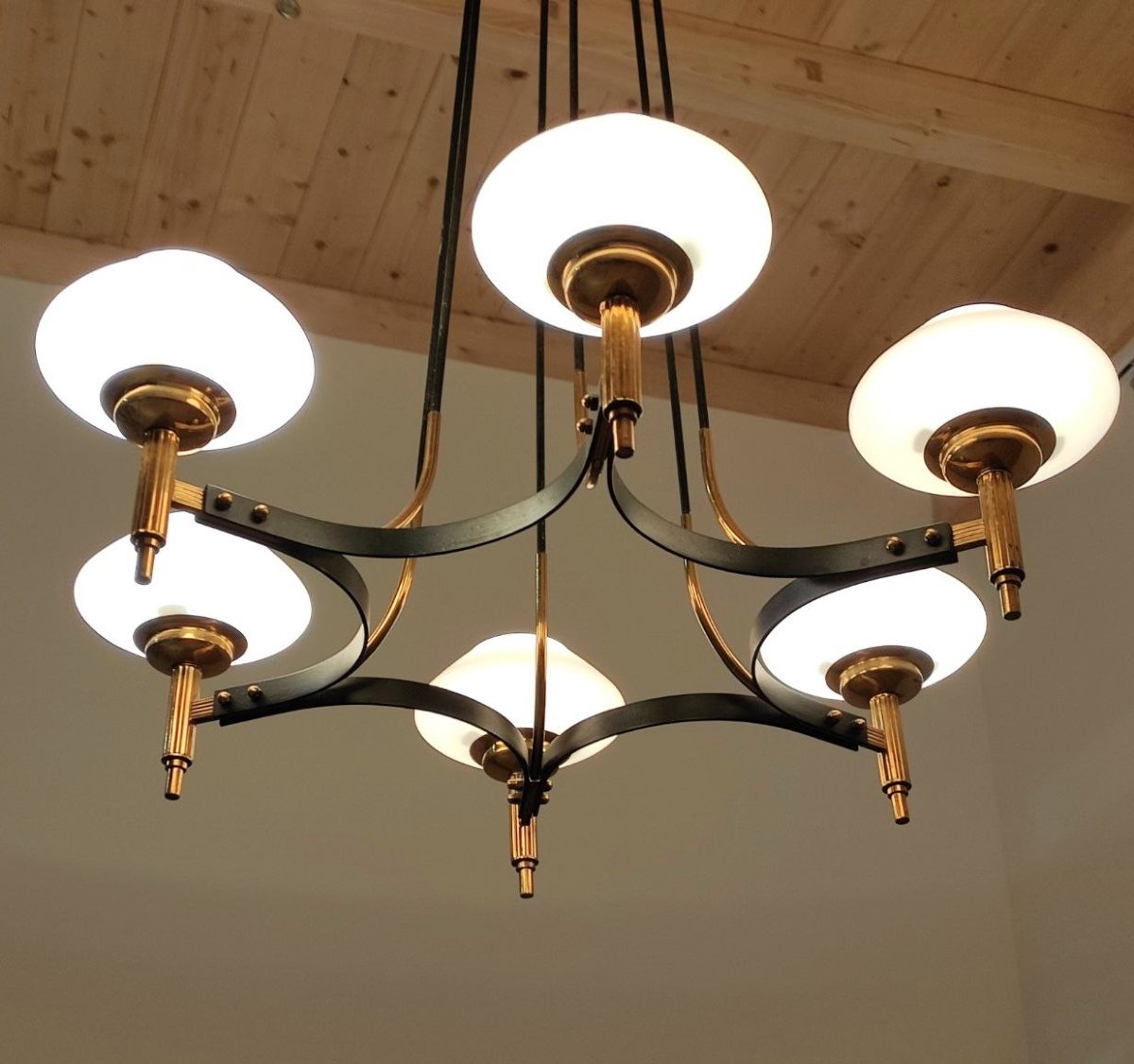 Lampada a sospensione 6 luci, 'Stilnovo' (attr.) anni '50-photo-7
