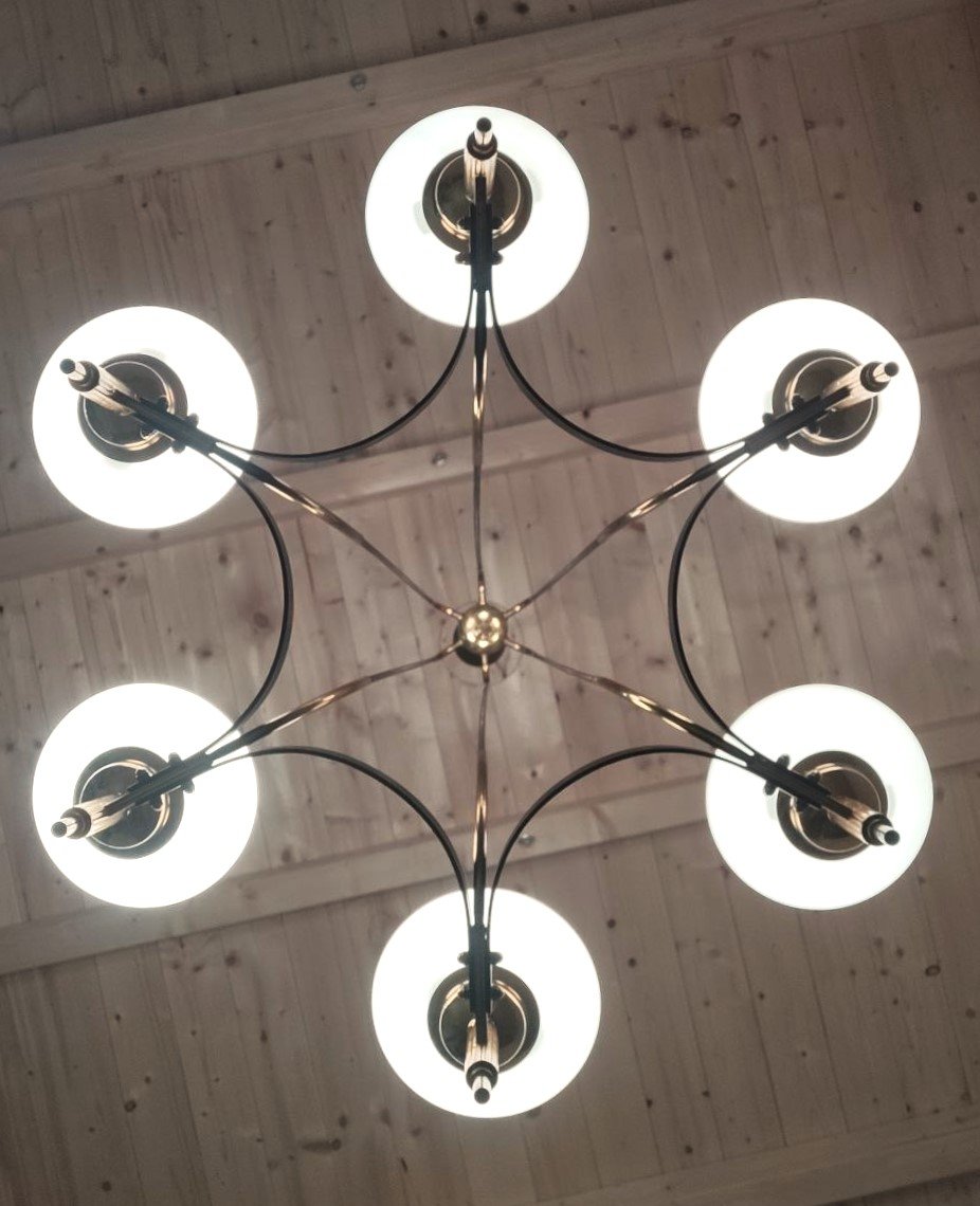 Lampada a sospensione 6 luci, 'Stilnovo' (attr.) anni '50-photo-8