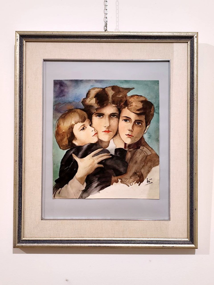 RITRATTO DIPINTO AD ACQUERELLO 'MAMMA E FIGLI', ANNI '60-photo-2