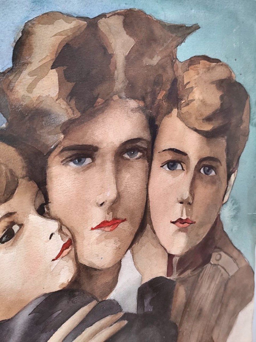 RITRATTO DIPINTO AD ACQUERELLO 'MAMMA E FIGLI', ANNI '60-photo-3