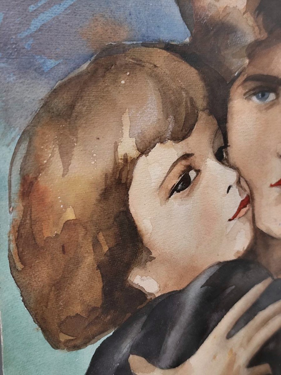 RITRATTO DIPINTO AD ACQUERELLO 'MAMMA E FIGLI', ANNI '60-photo-4