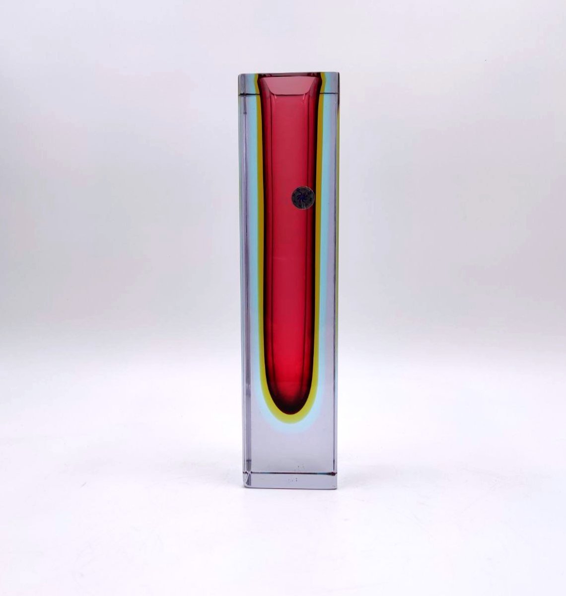 VASO IN VETRO SOMMERSO AZZURRO, GIALLO E ROSSO, MURANO ANNI '60-photo-2