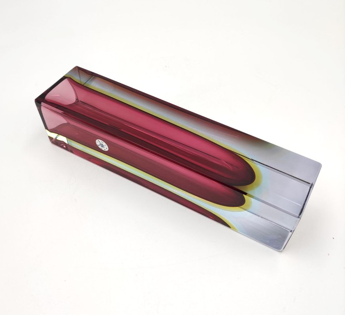 VASO IN VETRO SOMMERSO AZZURRO, GIALLO E ROSSO, MURANO ANNI '60-photo-1