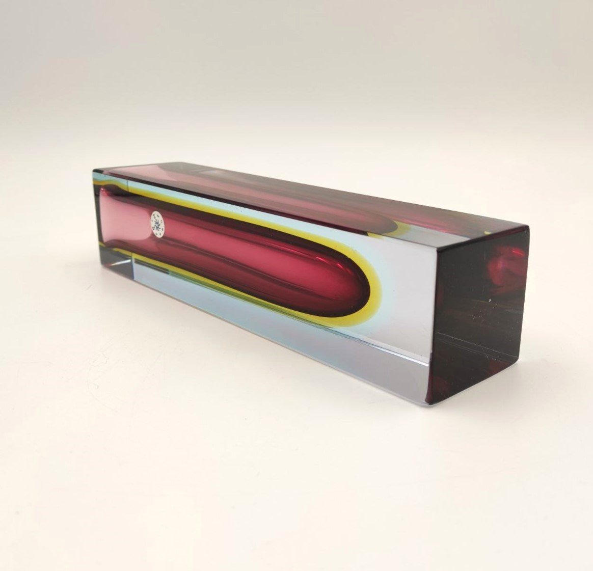 VASO IN VETRO SOMMERSO AZZURRO, GIALLO E ROSSO, MURANO ANNI '60-photo-2