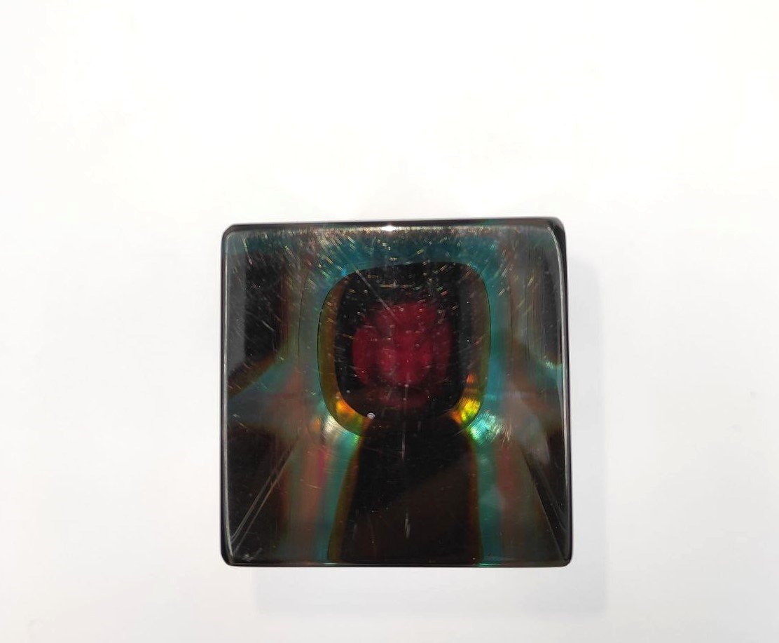 VASO IN VETRO SOMMERSO AZZURRO, GIALLO E ROSSO, MURANO ANNI '60-photo-4