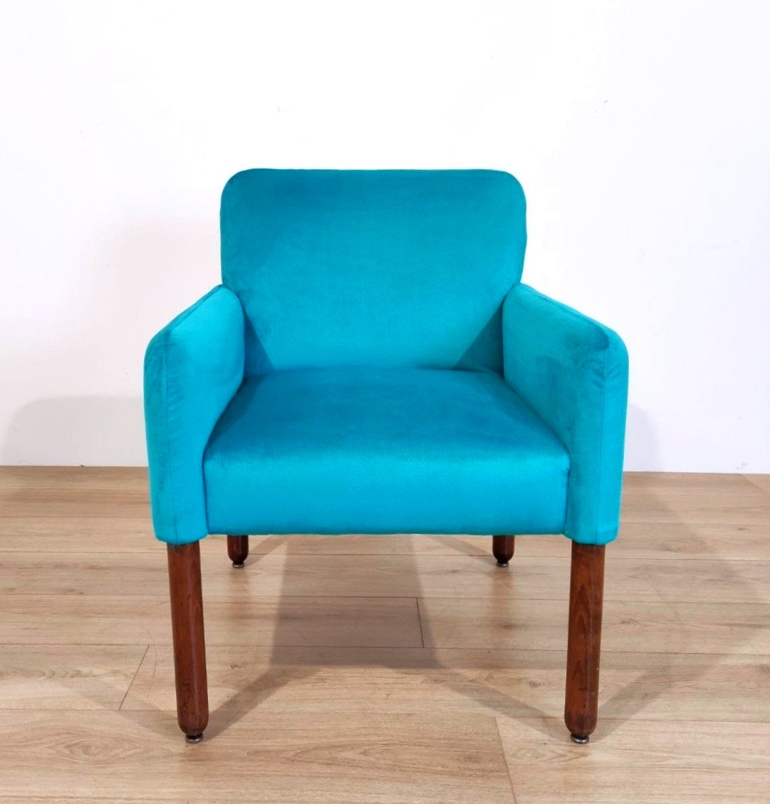 COPPIA DI POLTRONE CASSINA, MOD. 896 DI VICO MAGISTRETTI IN VELLUTO BLU TURCHESE-photo-8