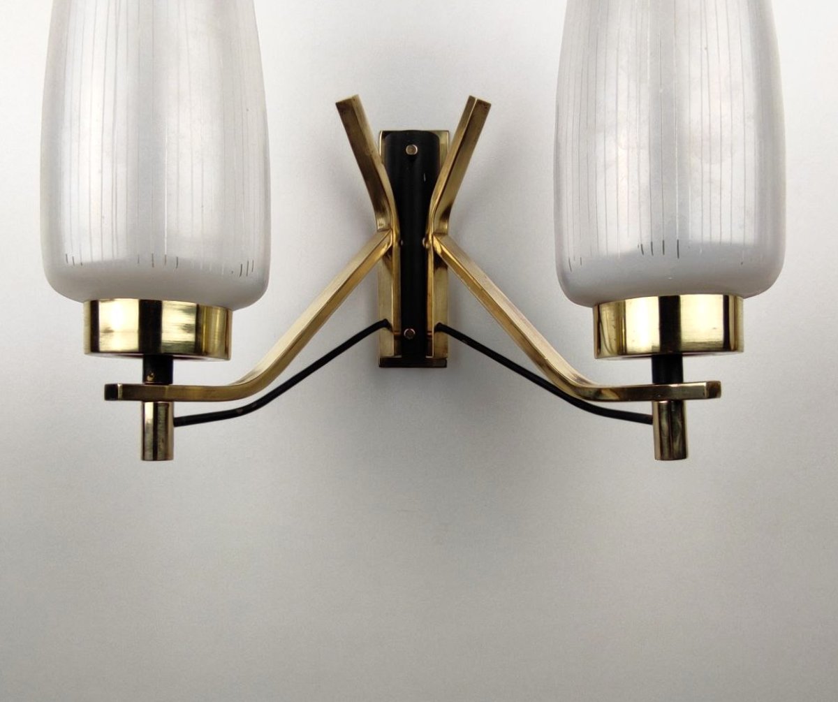 COPPIA APPLIQUES DOPPIA LUCE OTTONE E VETRO ANNI '50-photo-5