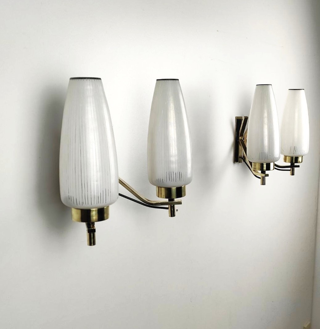 COPPIA APPLIQUES DOPPIA LUCE OTTONE E VETRO ANNI '50